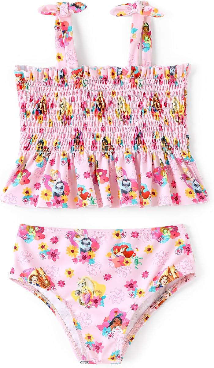 Disney Conjunto de traje de baño de dos piezas con parte inferior de bikini tankini y pajarita para niñas pequeñas