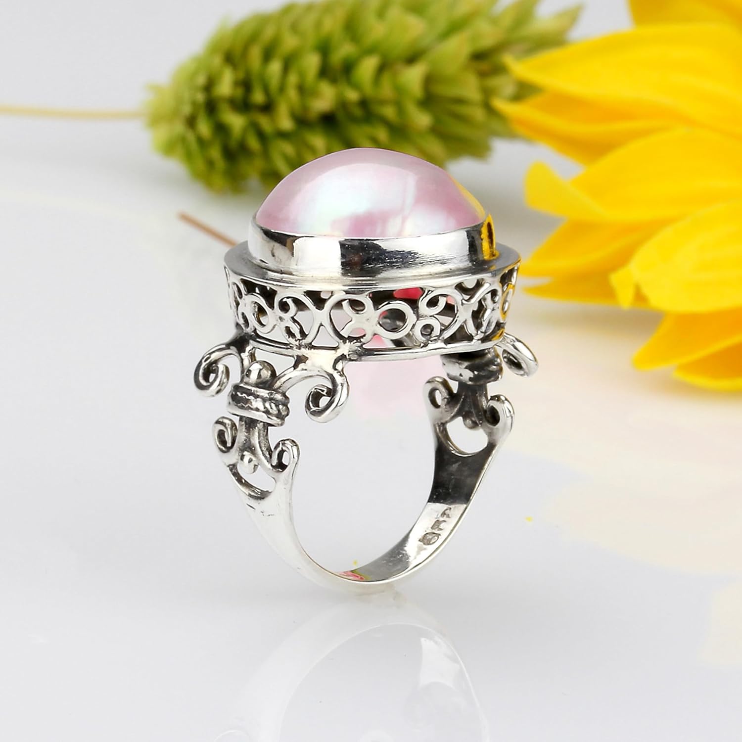 DoubleAccent Sterling Silver Bali Cream or Pink Freshwater Cultured Mabe Pearl Cocktail Ring 17mm (Size 5 to 11)
