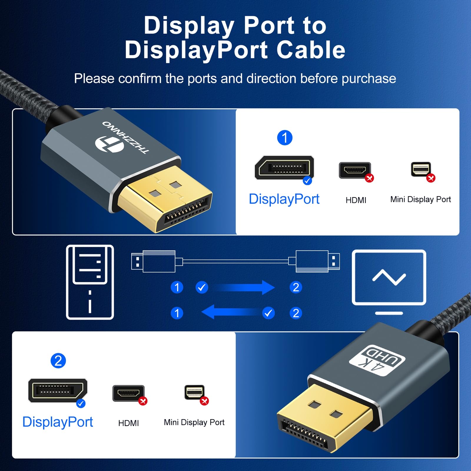 Thzzhnno 4K DisplayPort Cable 3M, DisplayPort Male 1.2 Cable, DP Cable Gold Plated High Speed 4K@60Hz, 2K@165Hz, 2K@144Hz - Image 3