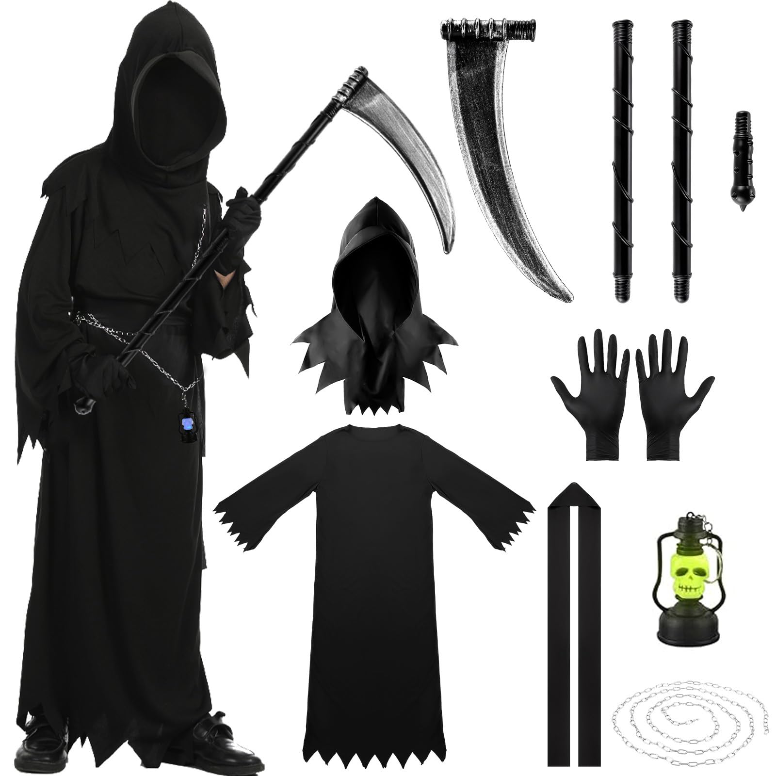 MEGETGOD Grim Reaper Costume, Scary Halloween Costumes Set with Scythe, Chain Belt, Glowing Skull Lantern, Halloween Costume Grim Reaper Fancy Dress for 150-160cm