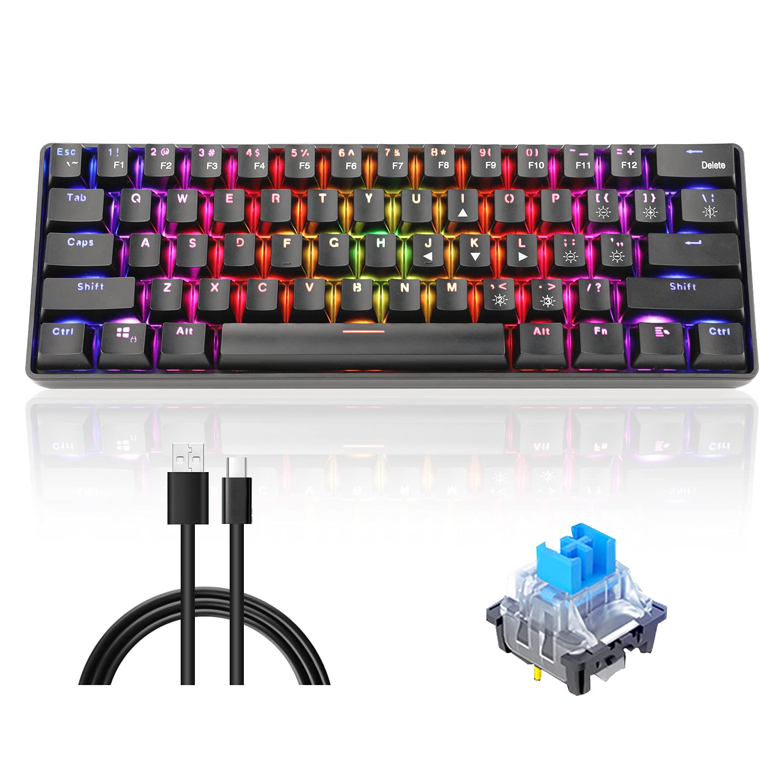 Aceshop Mechanical Gaming Keyboard 61 Keys Mechanical Keyboard Multi Color RGB Backlit Wireless Keyboard Ergonomic Wired USB Gaming Keyboard for PC, Office, Play Games (Wireless & Wired)