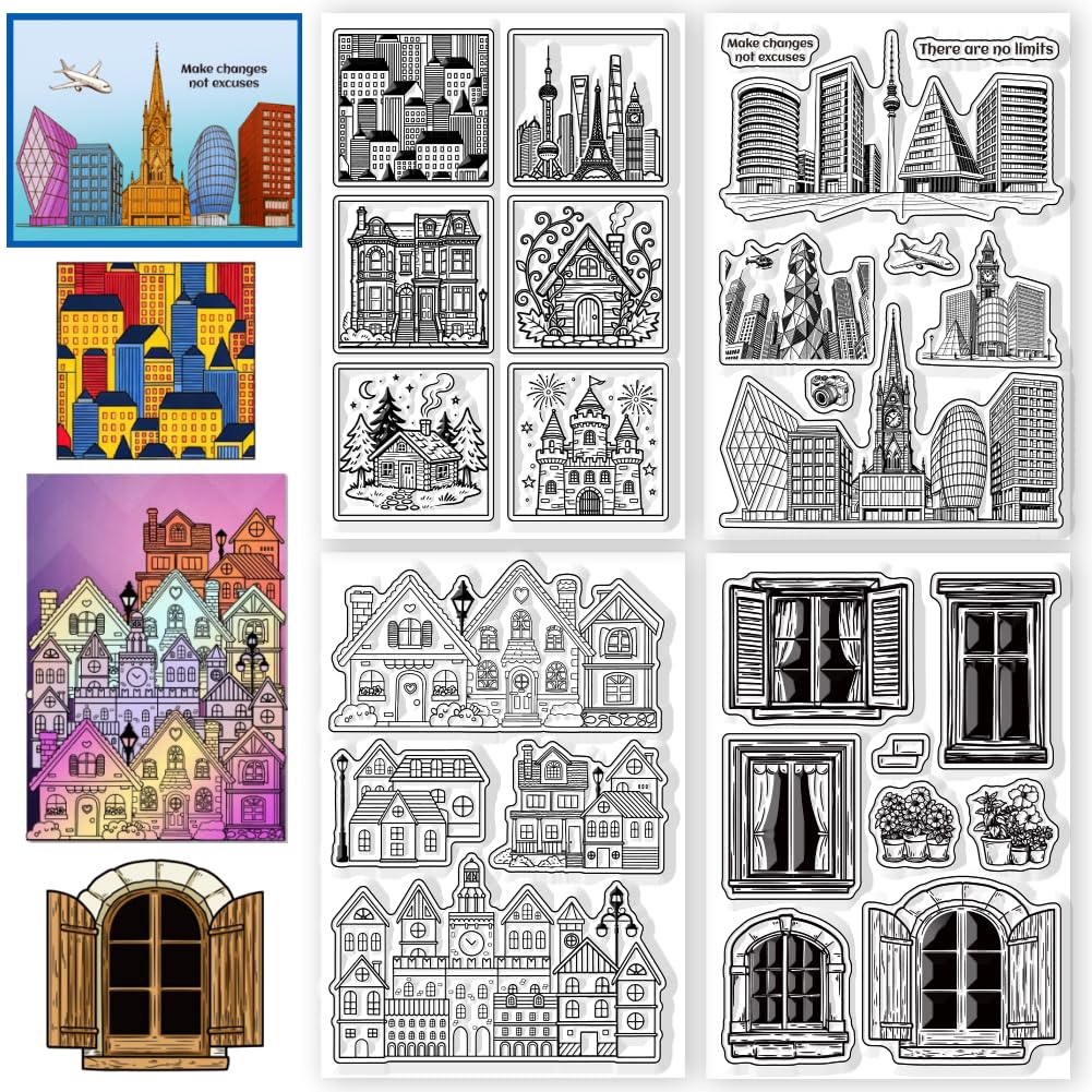 CONCHLERY 4 fogli di 4 stili di edifici di casa, timbri trasparenti in silicone, stile vintage, per fai da te, scrapbooking e creazione di biglietti, decorazioni artigianali con carta, 16,3 x 10,9 cm
