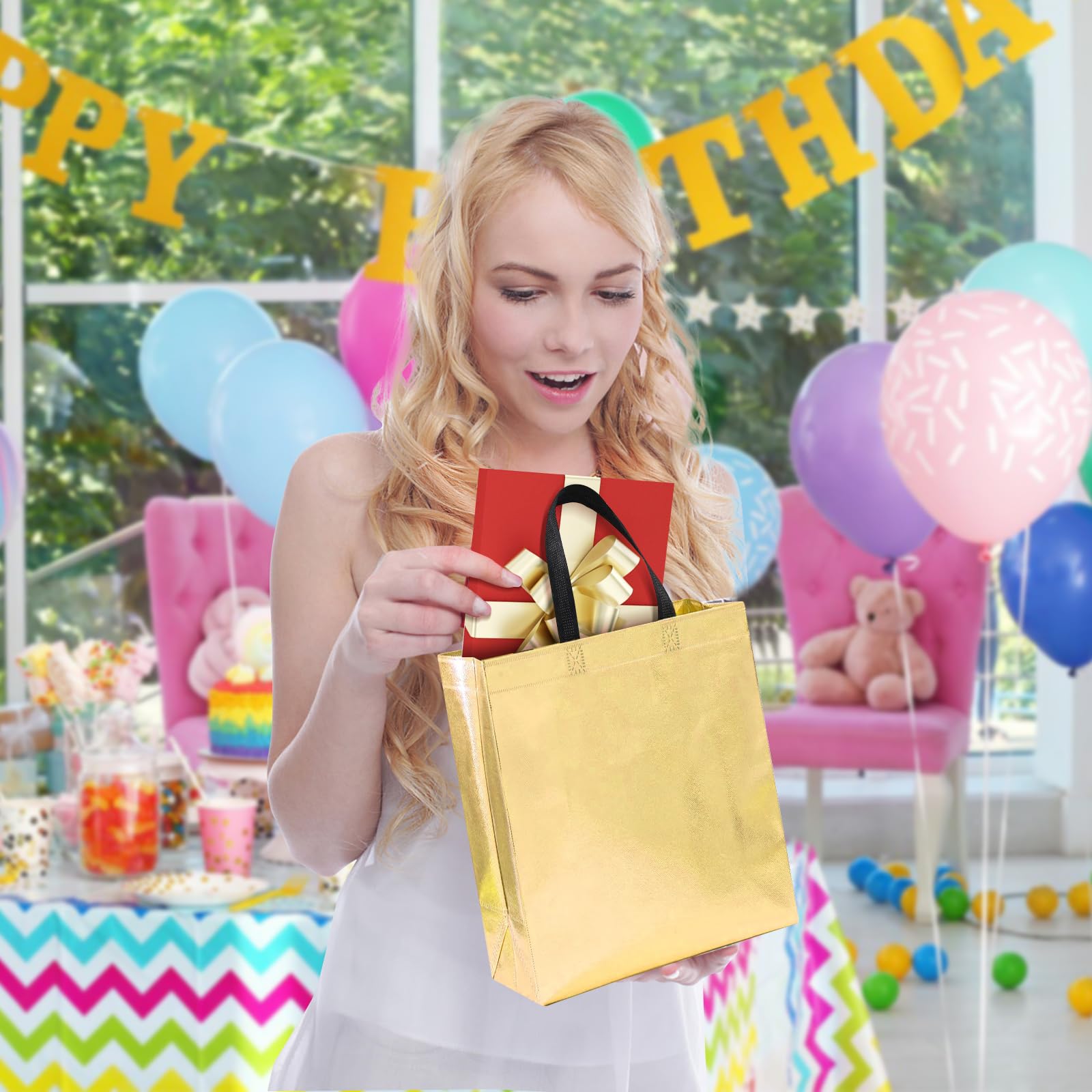 PSPIKXEG Paquete de 20 bolsas de regalo brillantes de color rosa intenso con asa, bolsas de regalo de dama de honor de tamaño mediano, bolsas a granel, bolsa de regalo de despedida de soltera, bolsas