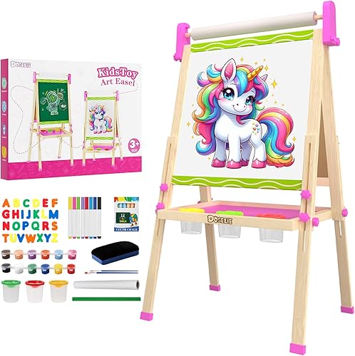 Easel for Kids,Adjustable Wooden Kids Art Easel with Paper Roll,Double-Sided Magnetic Toddler Easels,Dry Erase Whiteboard and Chalk Board,Toys for 3 4 5 6 7 8 9 10 Year Old Girl Boy Gift