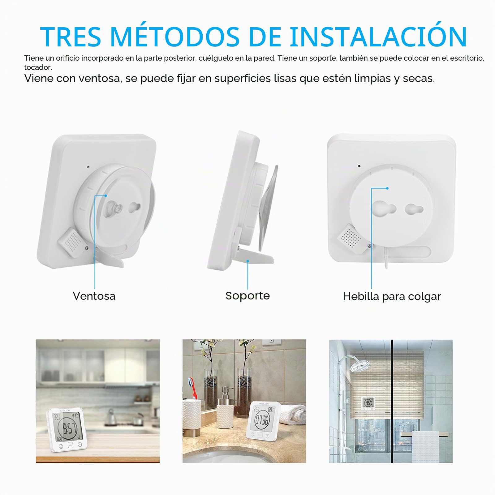 ZONJIE Reloj de baño – Reloj de ducha impermeable para baño, temporizador de ducha digital, reloj de baño con ventosa, indicador de temperatura y humedad, reloj de pared táctil para ducha (blanco)