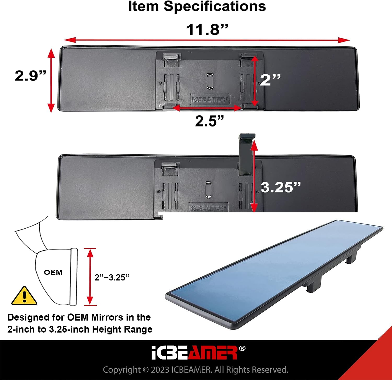 11.8" ICBEAMER Clip On Rear View Mirror | Flat Blue Tint Glass, Panoramic Wide Angle HD Glass, Anti Glare, Universal Fit for Car, SUV, Truck | Eliminates Blind Spots (1 Pack) image 5