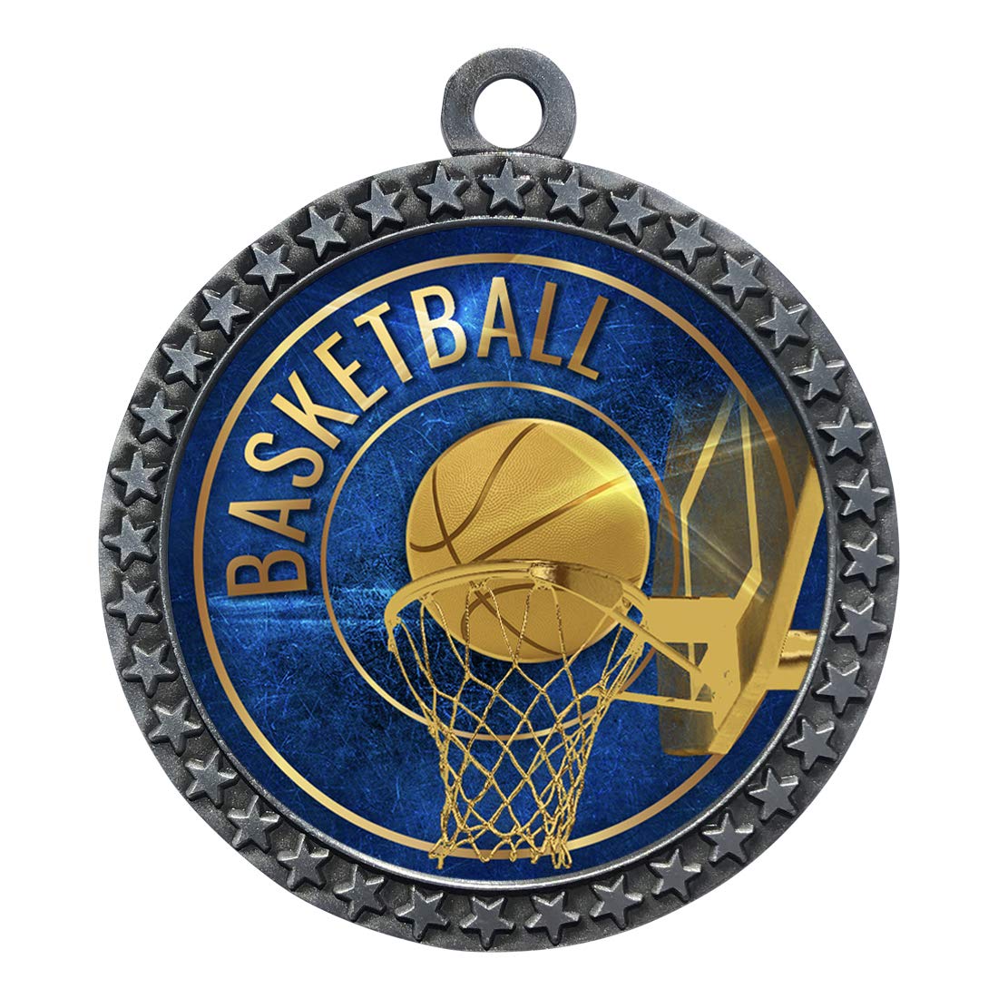 Custom Engraved 2-1/2 inch Die-Cast Metal Award Medallion with Antique Silver Finish and Attached 2 Inch Full Color Laminated Sport Insert.