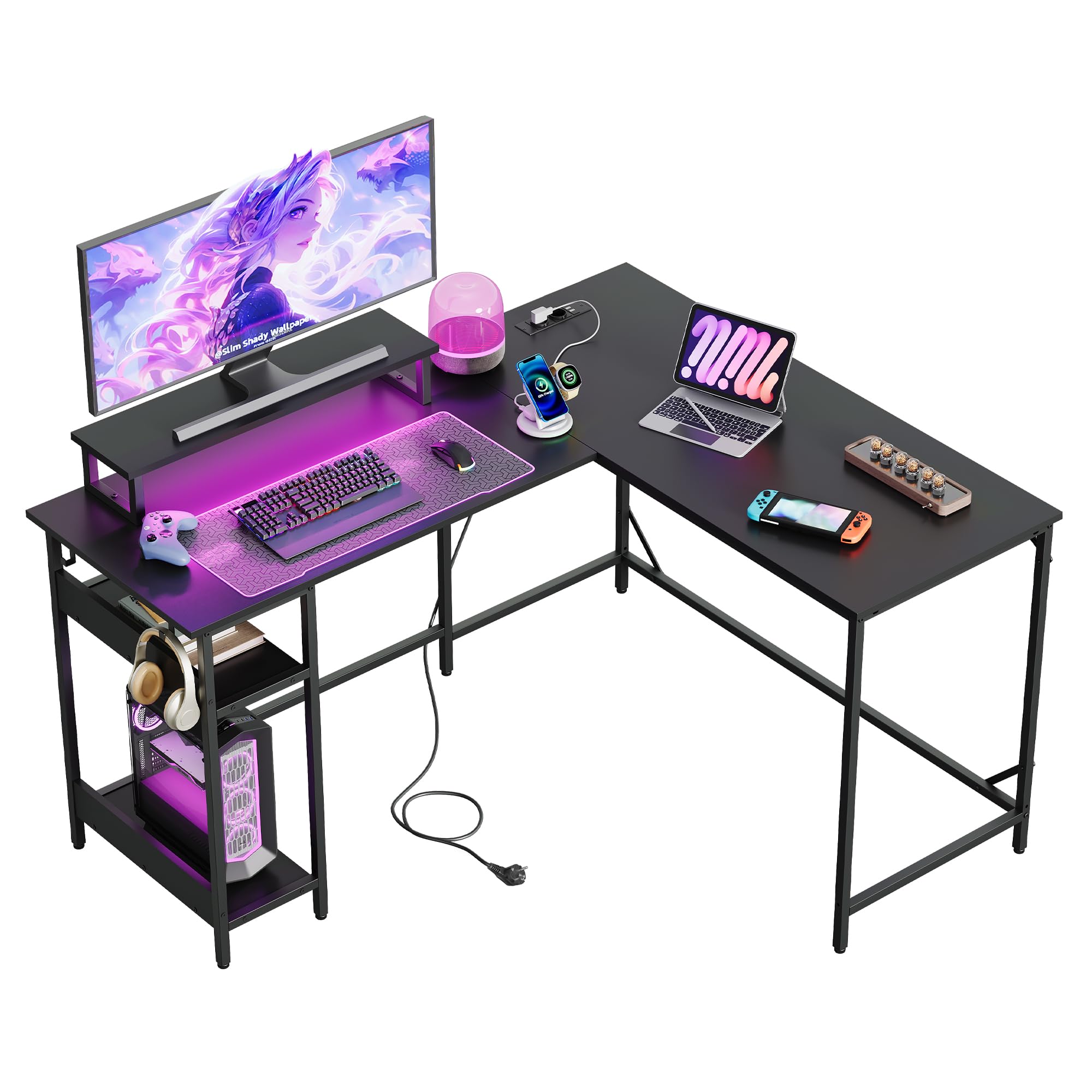 DEVAISE Bureau d'angle en L 140 x 120 cm avec Prises, LED et Étagères de Rangement, Table pour Gaming, Bureau et Télétravail, Noir