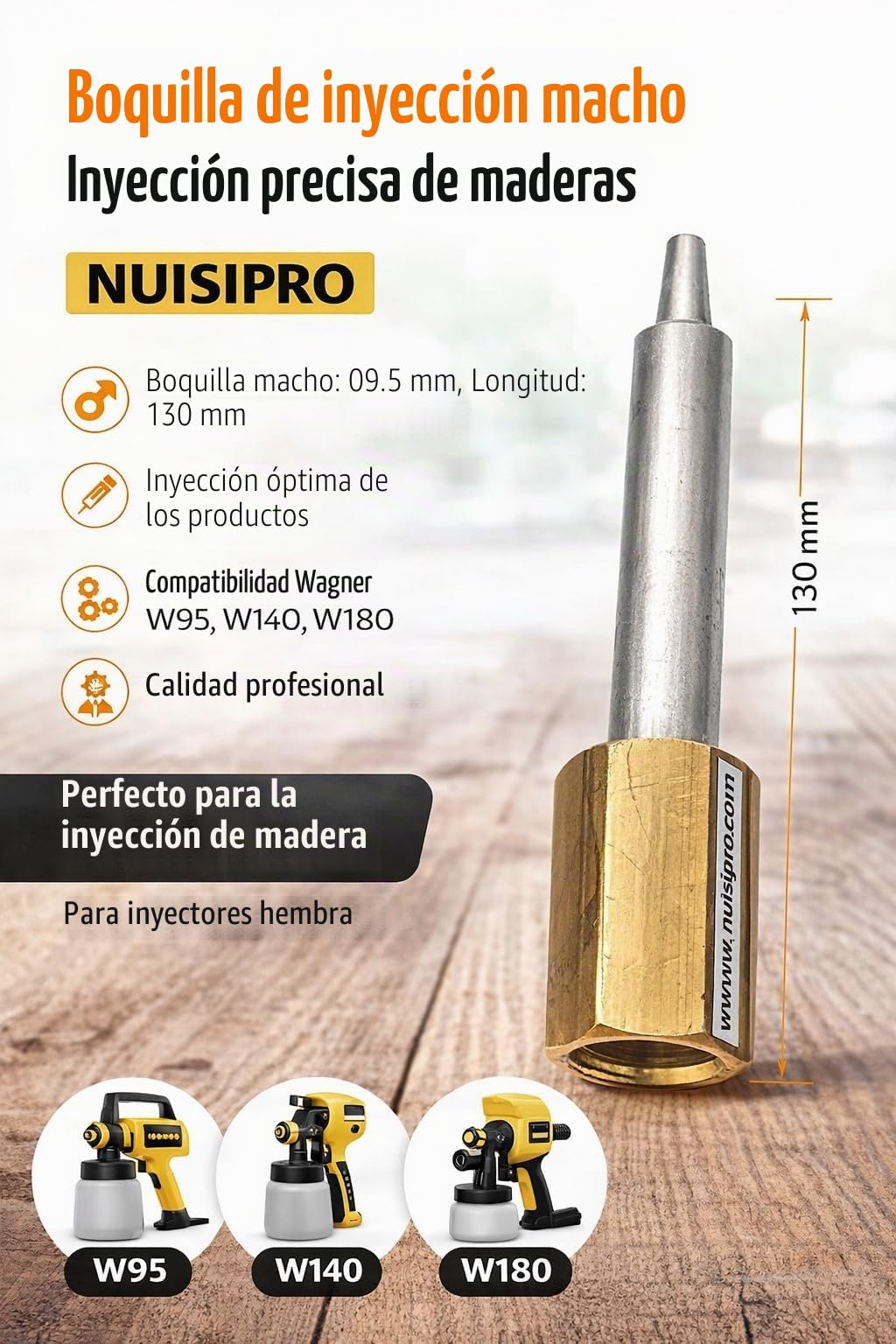 Nuisipro - Caña de inyección macho - Punta macho - Inyección precisa de madera