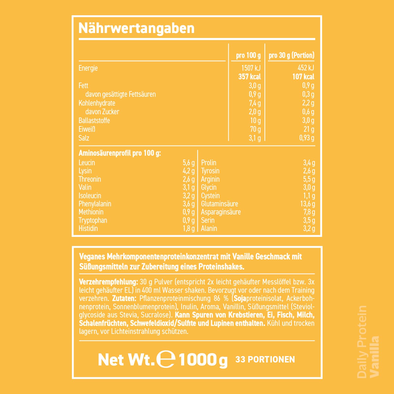 Rocka Nutrition Daily Protein veganes Proteinpulver | Pflanzliches Protein Pulver mit 21 g Protein pro Portion | Perfekt als Shake, im Porridge & für deine Lieblingsrezepte (1 kg, Vanilla)