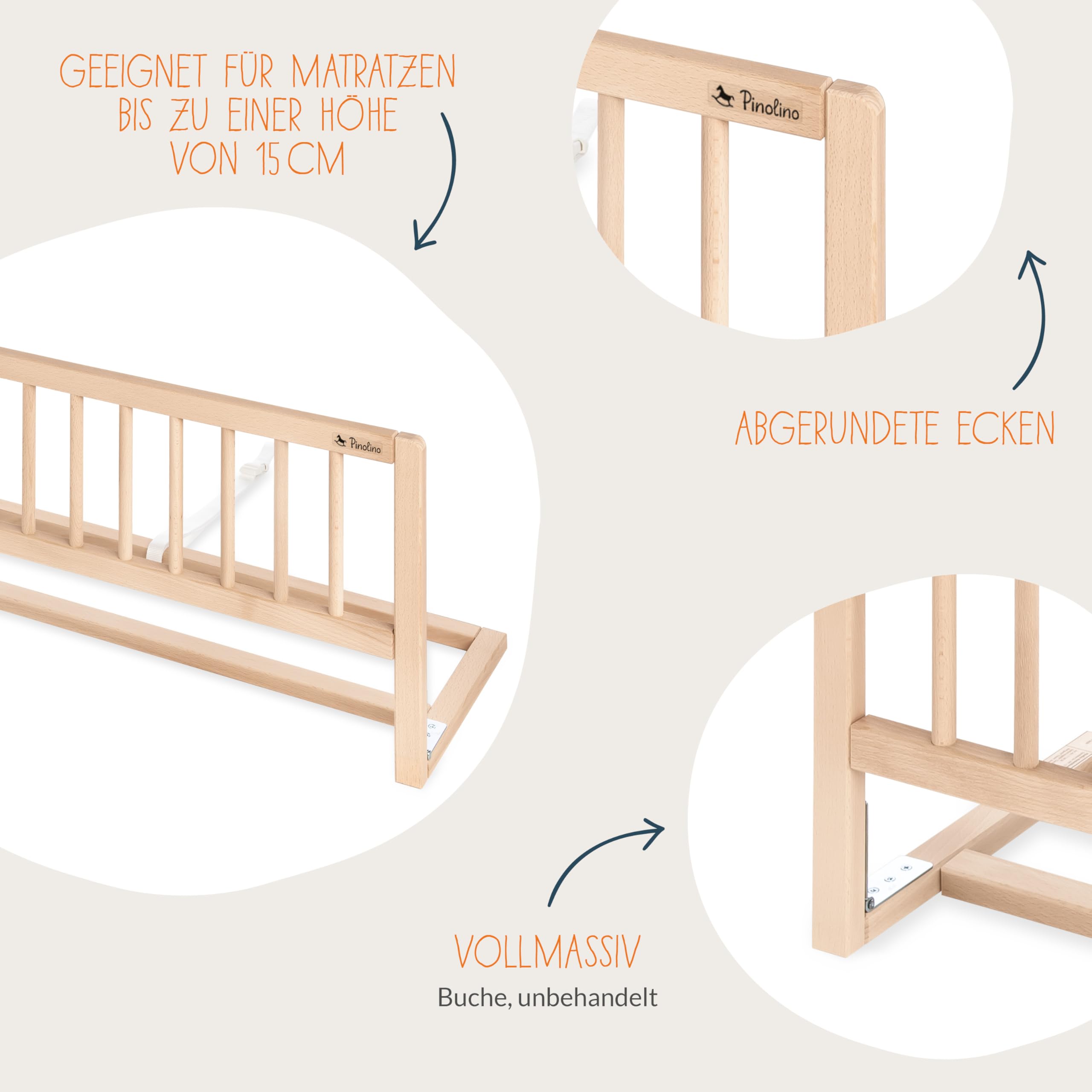 PINOLINO Bettschutzgitter Classic, Bettgitter Massiv Holz, Rausfallschutz für Kinder- & Elternbett, Natur Buche, Keine Montage, reisefreundlich, mit Verbindungsgurt, 90 x 36 x 32 cm, unbehandelt