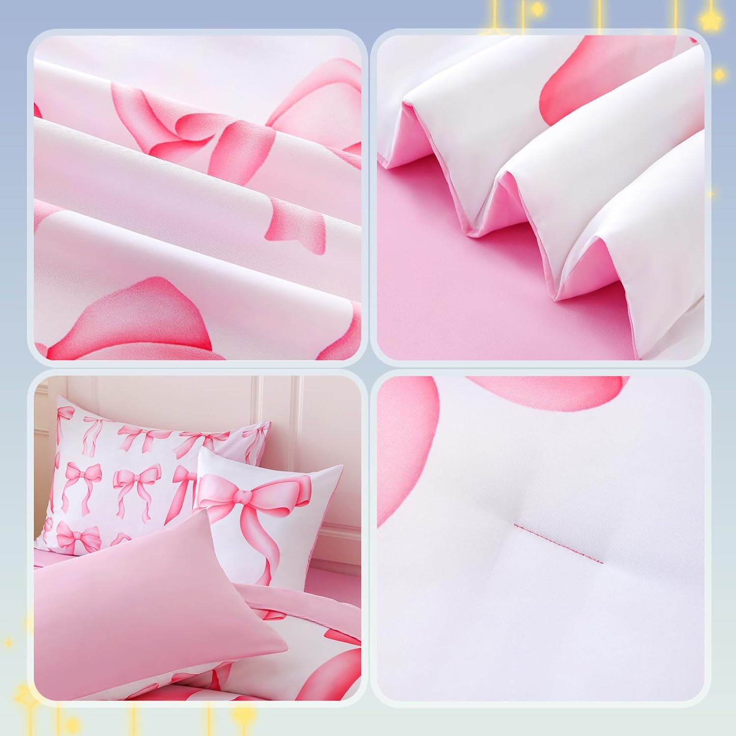 Full Size Comforter Sets Bed in a Bag for Girls,6 Pieces Pink Bow Bedding Sets with Sheets for Kids