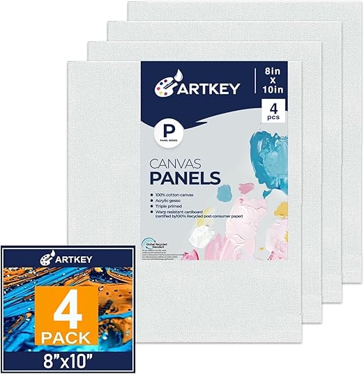 Artkey Canvases for Painting, 8x10 Inch 4-Pack, 10 oz Primed 100% Cotton White Blank Canvas Boards, Art Supplies Canvas Panels for Oil Acrylics Watercolor & Tempera Paints