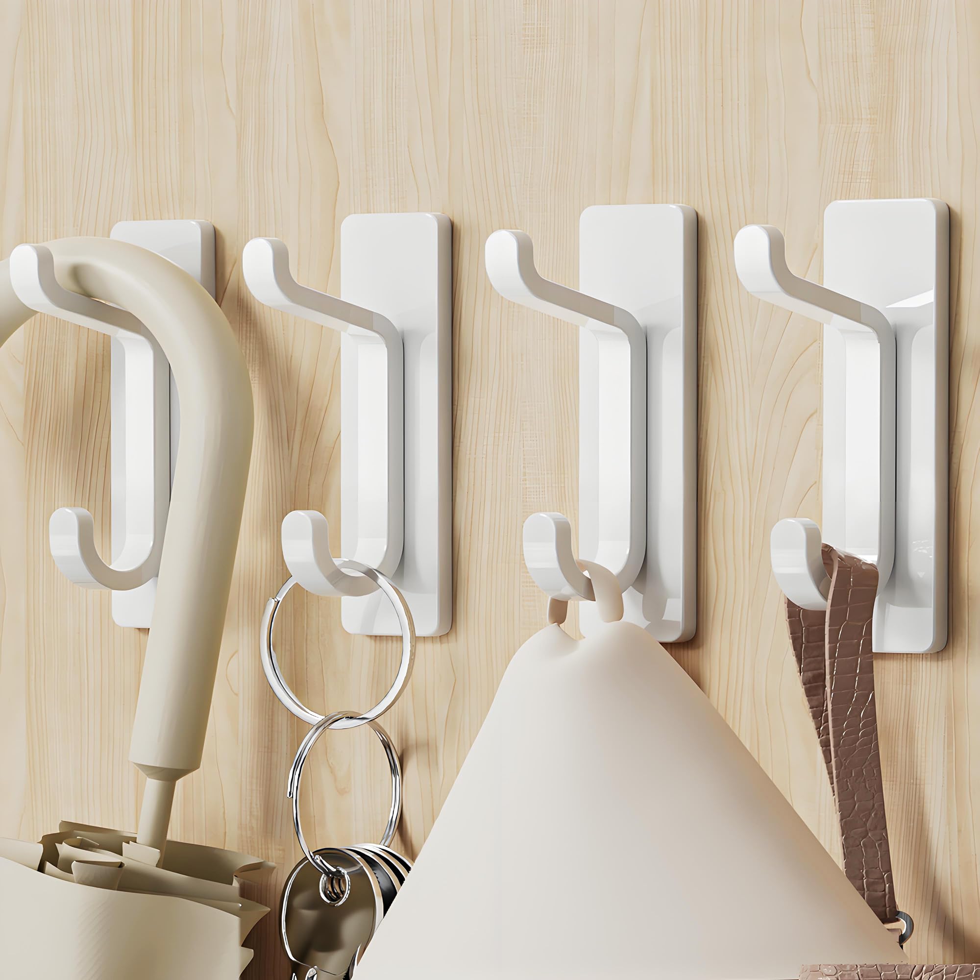 Stick on Hooks for Hanging: Extra Srong 6KG (Max), Coat Hook on Door for Towel Coat Hat Key, Heavy Duty, Self Adhesive Hangers Wall Mounted, White 4 Pack