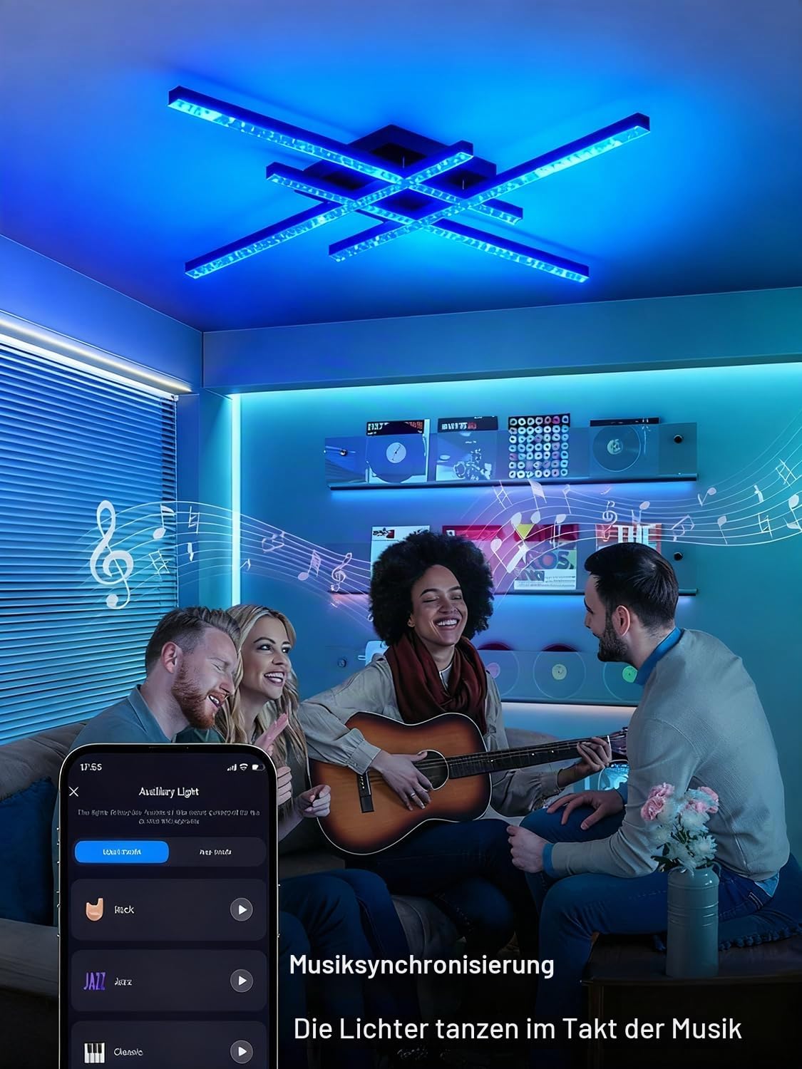 KZT LED Deckenleuchte Dimmbar RGB Farbwechsel Deckenlampe mit Fernbedienung 70CM Moderne Schlafzimmerlampe Schwarz 45W Kristall Deckenbeleuchtung für Schlafzimmer Wohnzimmer Küche, App-Steuerung