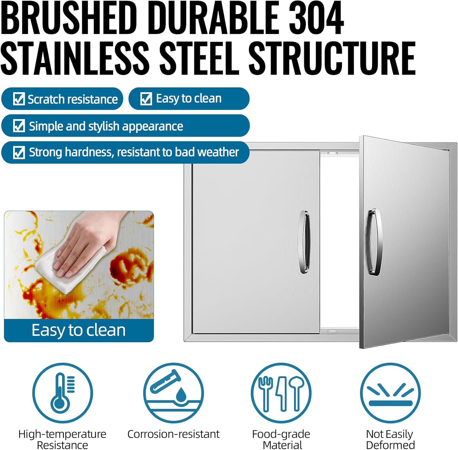 Outdoor Kitchen Door 30" W x 23" H 304 Brushed Durable Stainless Steel BBQ Access Doors with Detachable Handles for BBQ Island, Grill Station, and Outdoor Cabinets