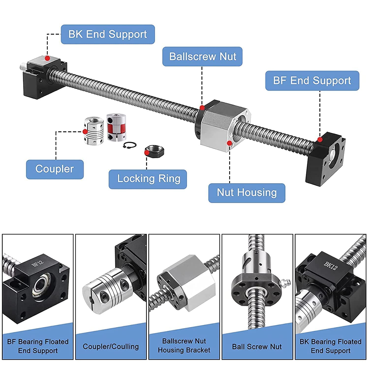 CNCMANS SFU1605 Juego de husillo de bolas de 1500 mm, guía lineal con soporte BK12/BF12, carcasa de tuerca, 2 unidades de acoplamiento de 6,35 x 10 mm, y soporte para motor Nema 23