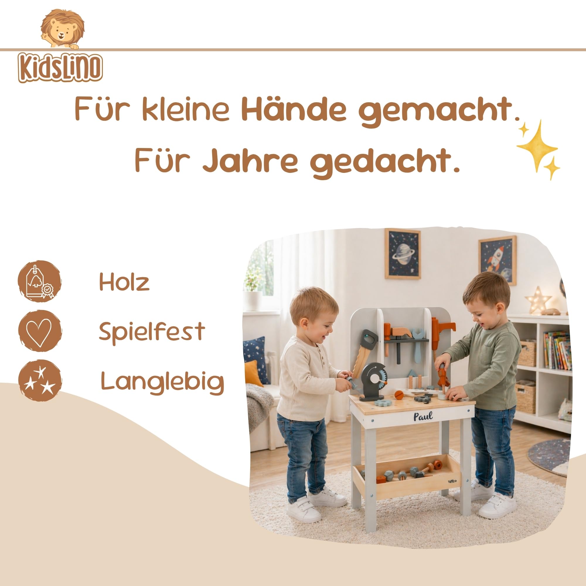 Kinderwerkbank aus Holz personalisiert – Werkbank mit Werkzeug-Set & Zubehör – Spielzeug ab 3 Jahre – Geschenk für Kinder