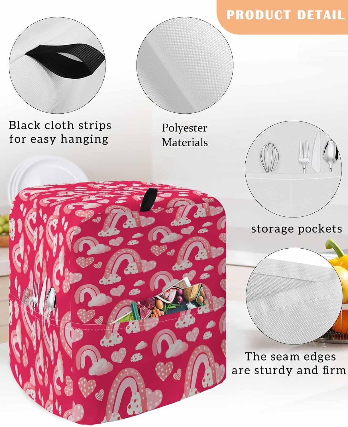 Valentine's Day Stand Mixer Cover with Storage Pocket, Waterproof Kitchen Mixer Covers, Red Rainbow Love Heart Polka Dots Spring Kitchen Appliance Dust Cover Compatible with 5-8 Quart Mixers