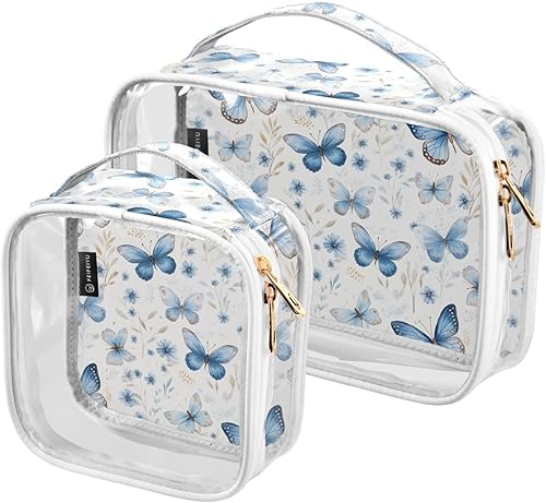Blue White Watercolor Butterfly Clear Toiletry Bag for Traveling,2 Pack Makeup Cosmetic Bag with Zipper,Travel Bag for Toiletries,Travel Essentials