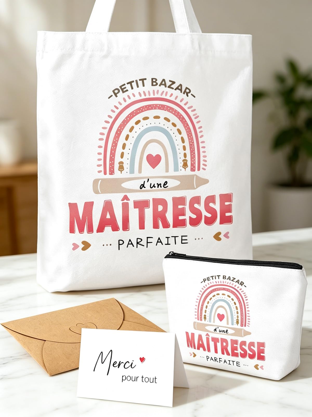 Cadeau Maitresse D'école, Cadeaux Maitresse Sac Tote Bag, Porte Clés et Carte de Remerciement, Merci Cadeau Maitre D'école Fin D'année