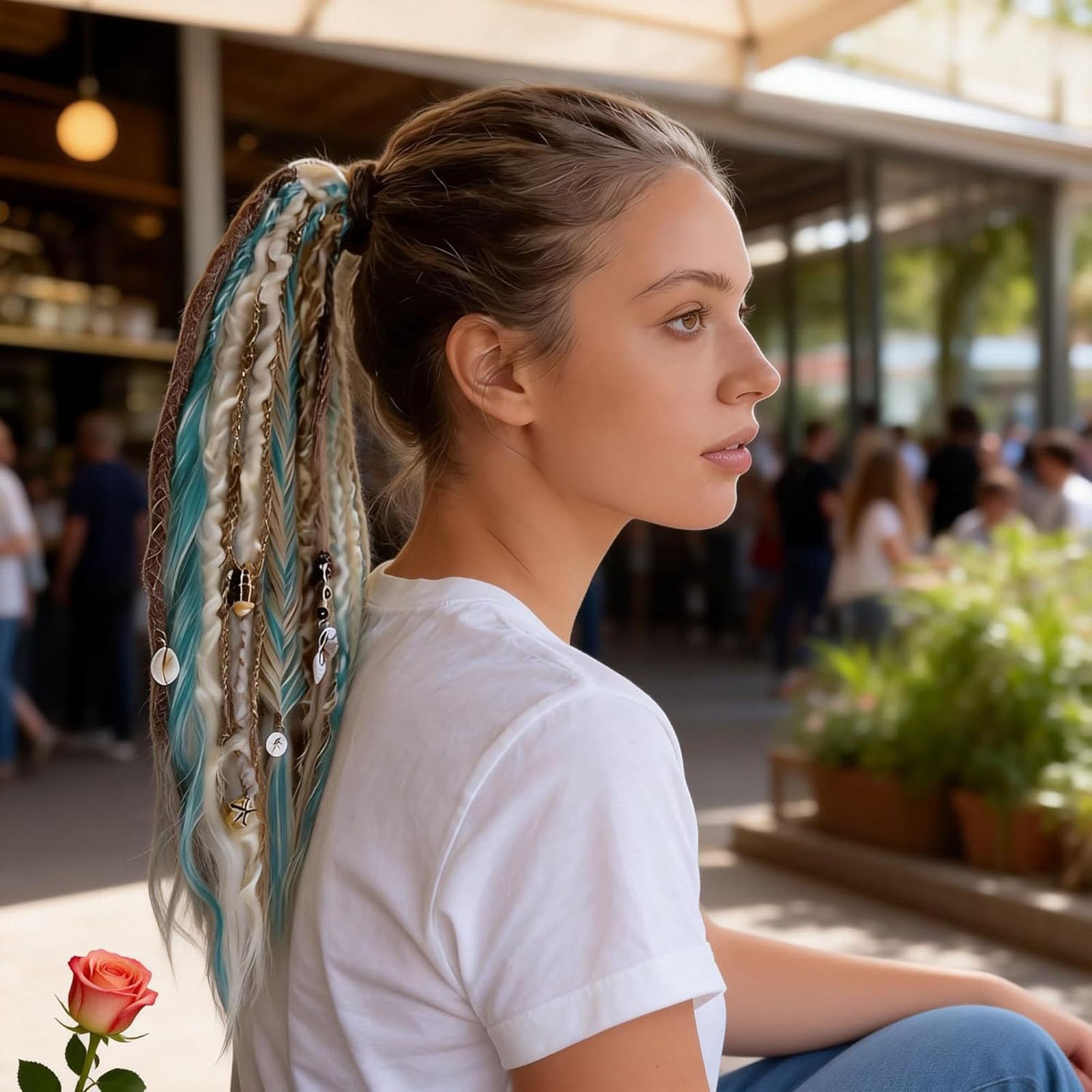 Queue de cheval élastique à dreadlocks, extension de cheveux dreadlocks bohème avec perles, fixation facile en une minute pour festival, légère, plusieurs couleurs, cheveux tressés (#I)