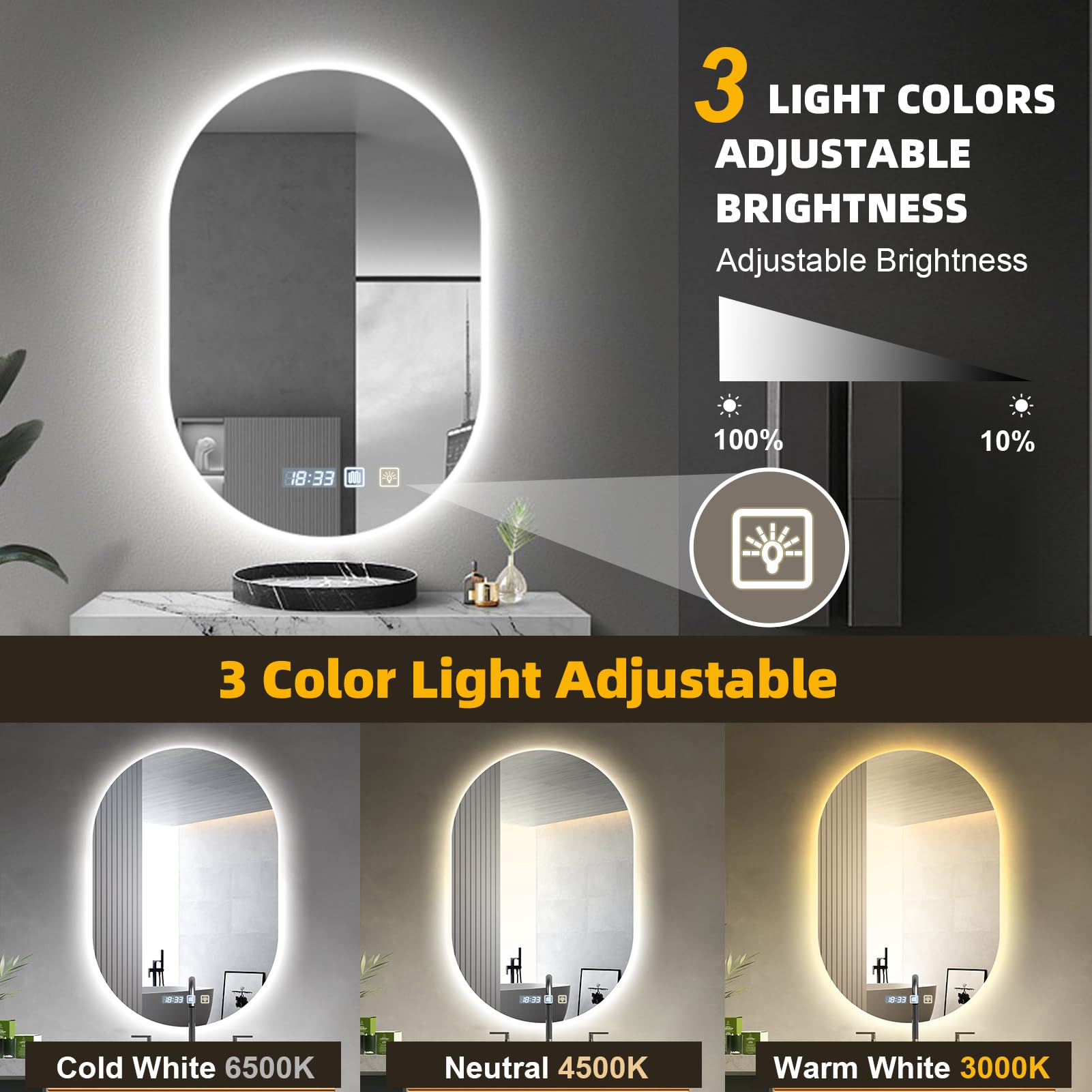 Espejo Baño LED Inteligente 70x50cm - Espejo con Luz y Antivaho, Temperatura de Color Ajustable, Atril para Secador, Luz de Pared Trasera y Función de Reloj - Espejo de Pared para Maquillaje y