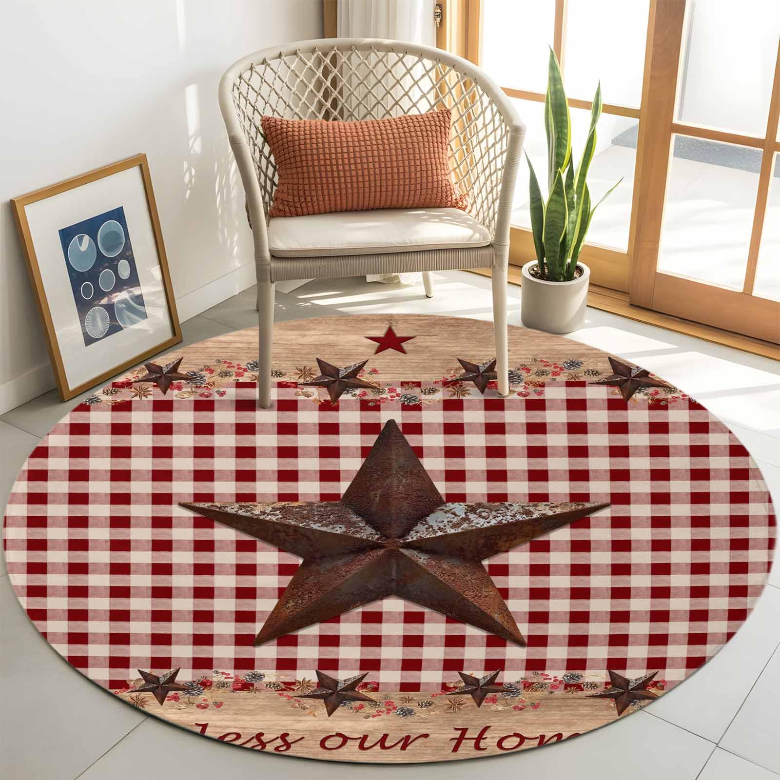 Country Star Farm Round Area Rug 4 Ft, Soft Bedroom Carpet, Farmhouse Plaid Texas Vintage Fruit Washable Non-Slip Rug Indoor Outdoor Floor Mat for