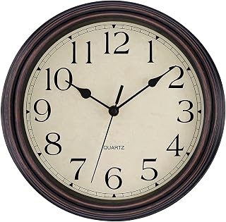 Foxtop 12 Inch Retro Silent Wall Clock Bronze - Non-Ticking Quartz Battery Operated Vintage Decor for Living Room Kitchen Office Bedroom
