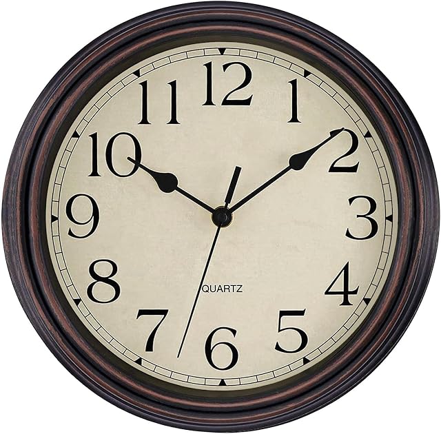 Foxtop Silent Non-Ticking Round Classic Clock Retro Quartz Decorative Battery Operated Wall Clock for Living Room Kitchen Home Office 12 inch (Bronze)