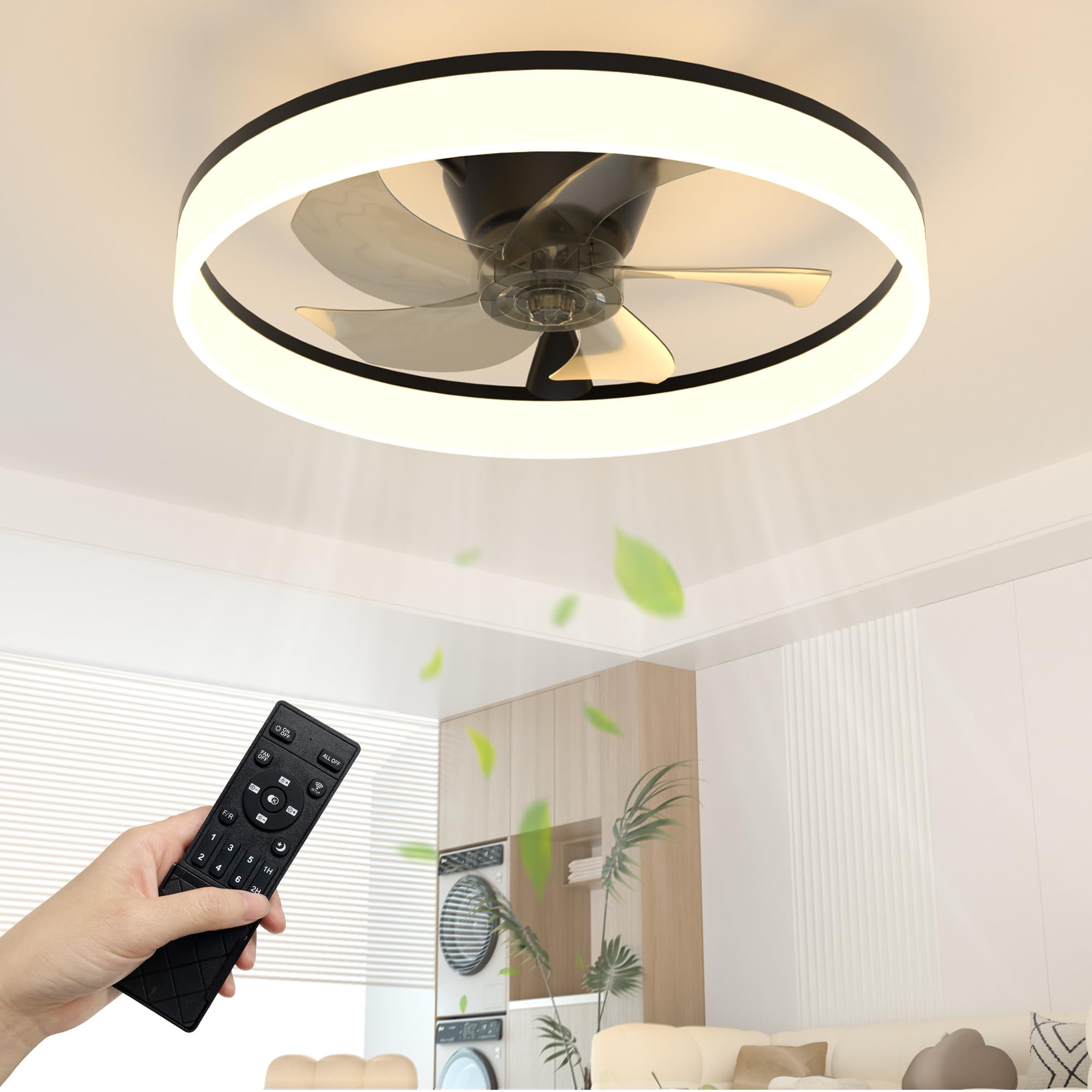 NIORSUN 50cm Ceiling Fans with Lights and Remote, 6 Speeds Modern Smart LED Ceiling Fan Light, 3000K-6500K Dimmable Quiet Fan Lights Ceiling for Bedroom Living Room Dining Room (Black)Recycled Claim Standard Blended