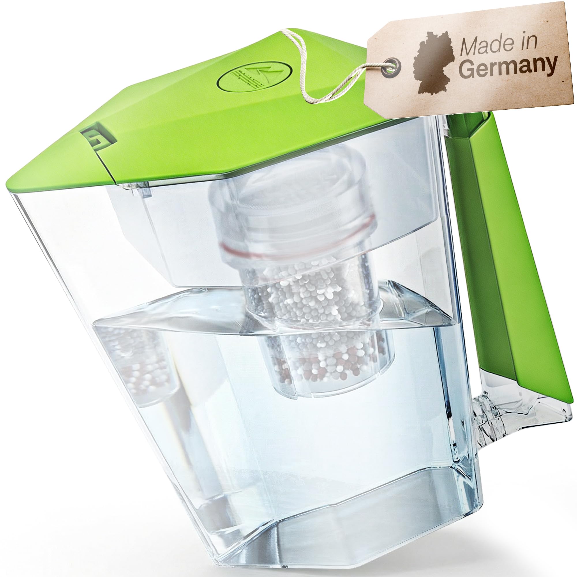 MAUNAWAI Filtro d'Acqua Premium Bio Prodotto in Germania con 1 caraffa per Acqua Potabile + 1 Cartuccia filtrante e 1pad filtrante (per 3 Mesi) - Verde, Filtro d'Acqua Potabile + caraffa filtrante