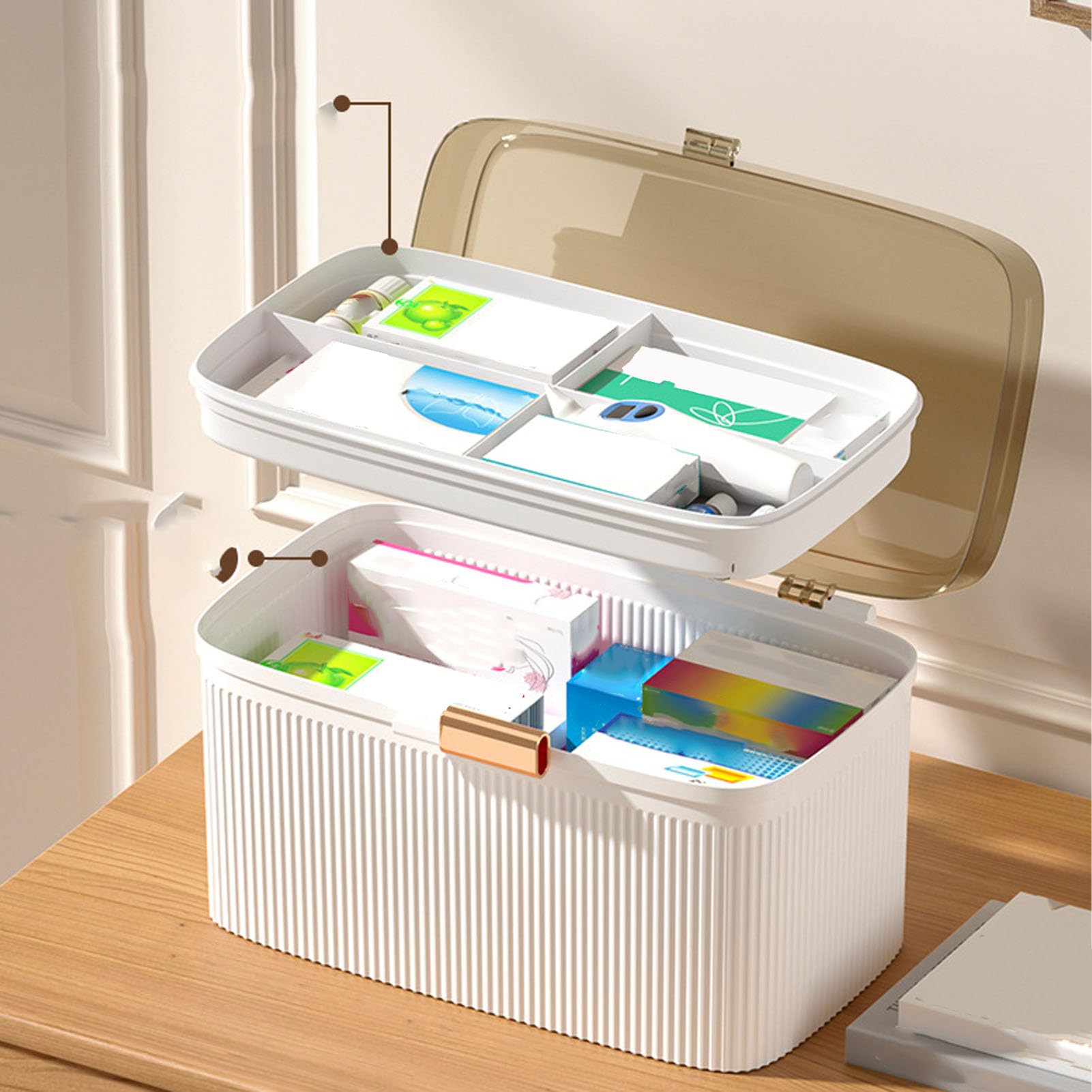Caja de Medicina Familiar con Cerradura de Seguridad, Organizador de Plástico de Doble Capa, Botiquín Doméstico