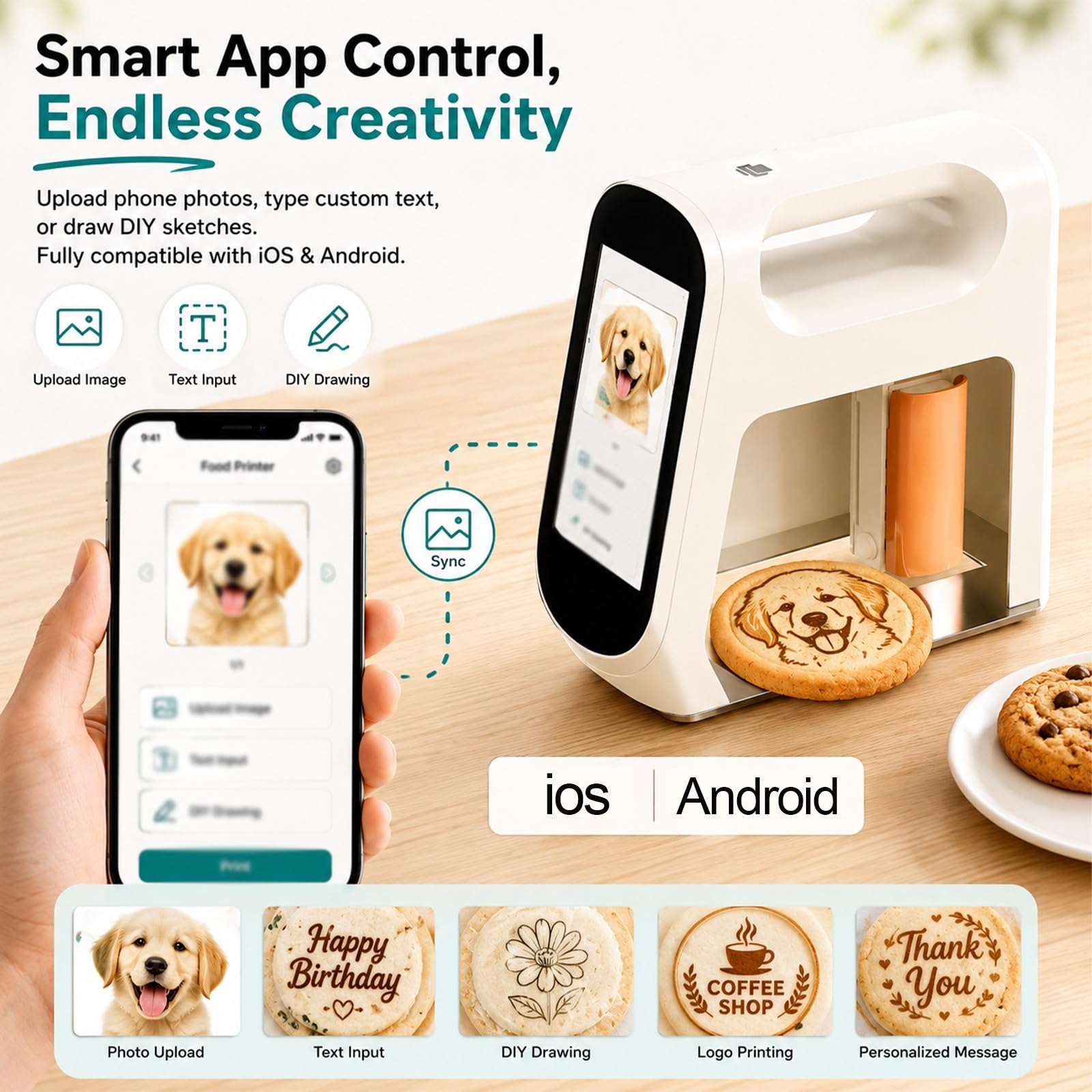 Stampante Alimentare Compatta per Biscotti e Torte, Macchina di Decorazione Portatile con App, Strumento di Personalizzazione di Testo e Immagine per Caffè Latte Art(Matcha)