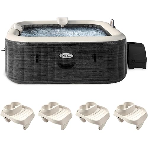 Intex PureSpa Plus 94 Inch x 28 Inch Inflatable Square Hot Tub Spa with Attachable Cup Holder and Set of 4 Refreshment Tray Accessory, Greystone