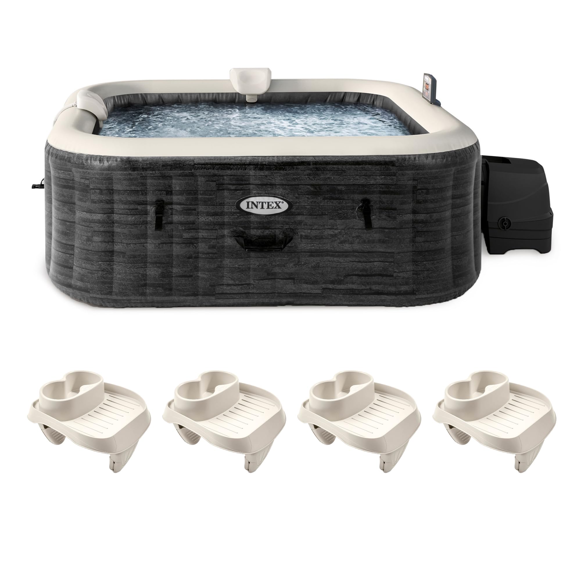 Intex PureSpa Plus 94 Inch x 28 Inch Inflatable Square Hot Tub Spa with Attachable Cup Holder and Set of 4 Refreshment Tray Accessory, Greystone