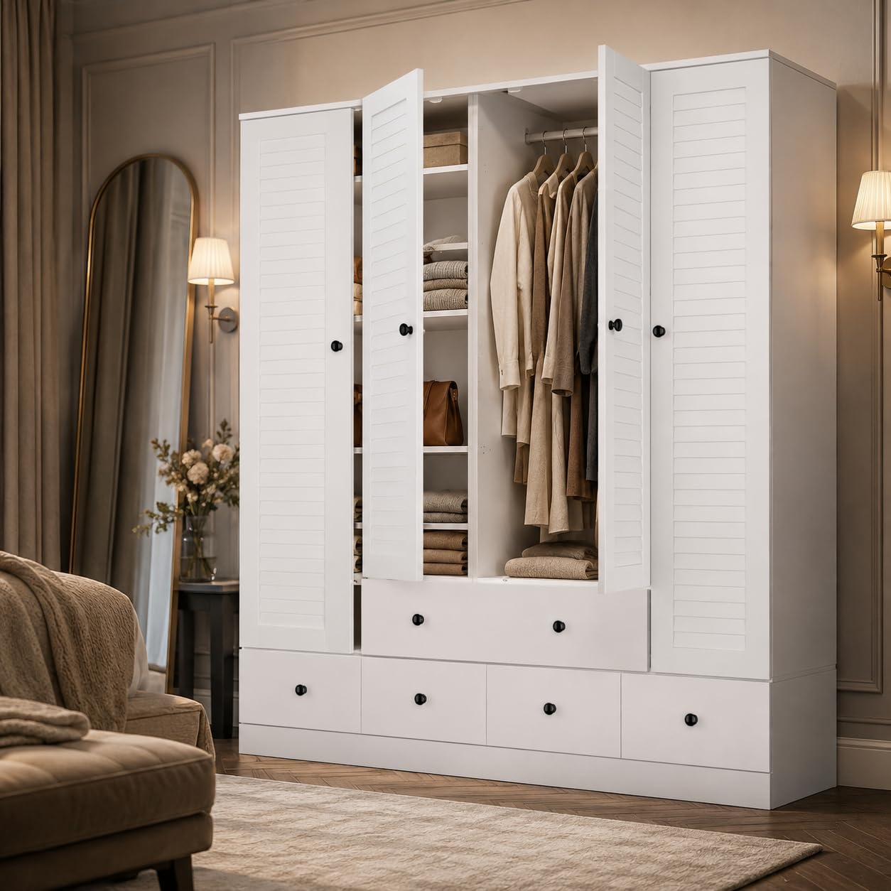 Kleiderschrank mit 4 Türen & 5 Schubladen, 150 × 180 cm, Weiß