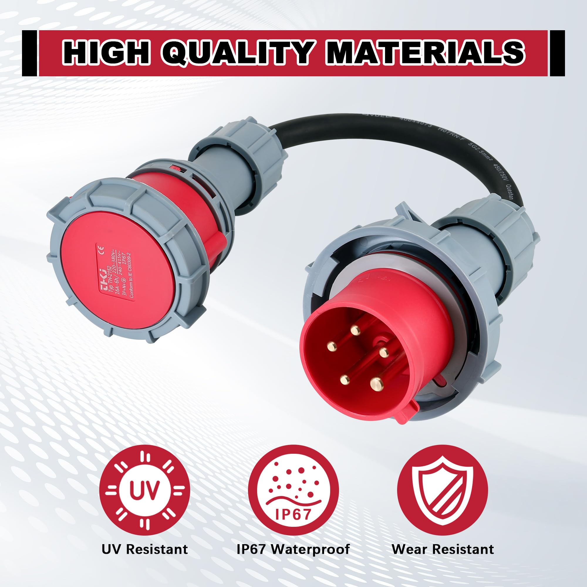 CEE Adapter 32A auf 16A, IP67 Wasserdicht & Staubdicht, Starkstrom Adapter mit Schutzabdeckung, 5×2.5mm² Kabel, 32 auf 16 Ampere Adapters für Elektroauto Zubehör, Werkstätten, Baustellen und Industrie