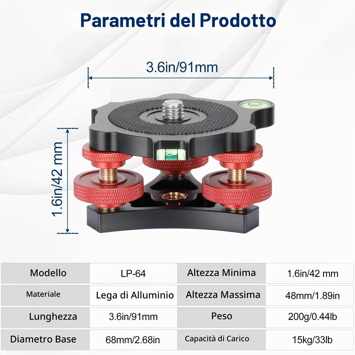 Koolehaoda Base di livellamento con livella a bolla e vite da 3/8", 3 quadranti con regolazione di precisione di +/-5 gradi, costruzione in lega di alluminio per treppiede per fotocamera