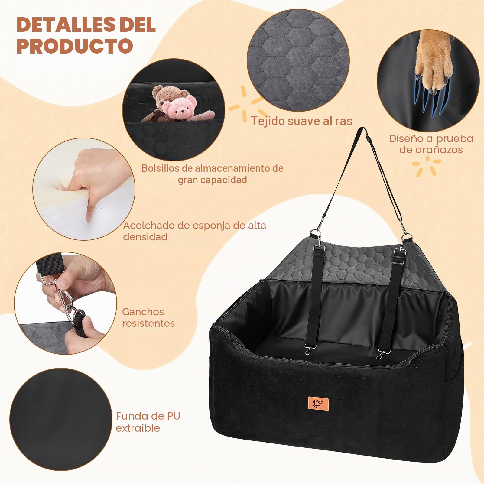 Asiento Perro Coche, Extra Estable Cama Perro Coche con Espuma Viscoelástica, Funda Lavable y Cinturón de Seguridad, Asiento Coche Perros Medianos y Grandes de hasta 55 kg, 78x55x53 cm
