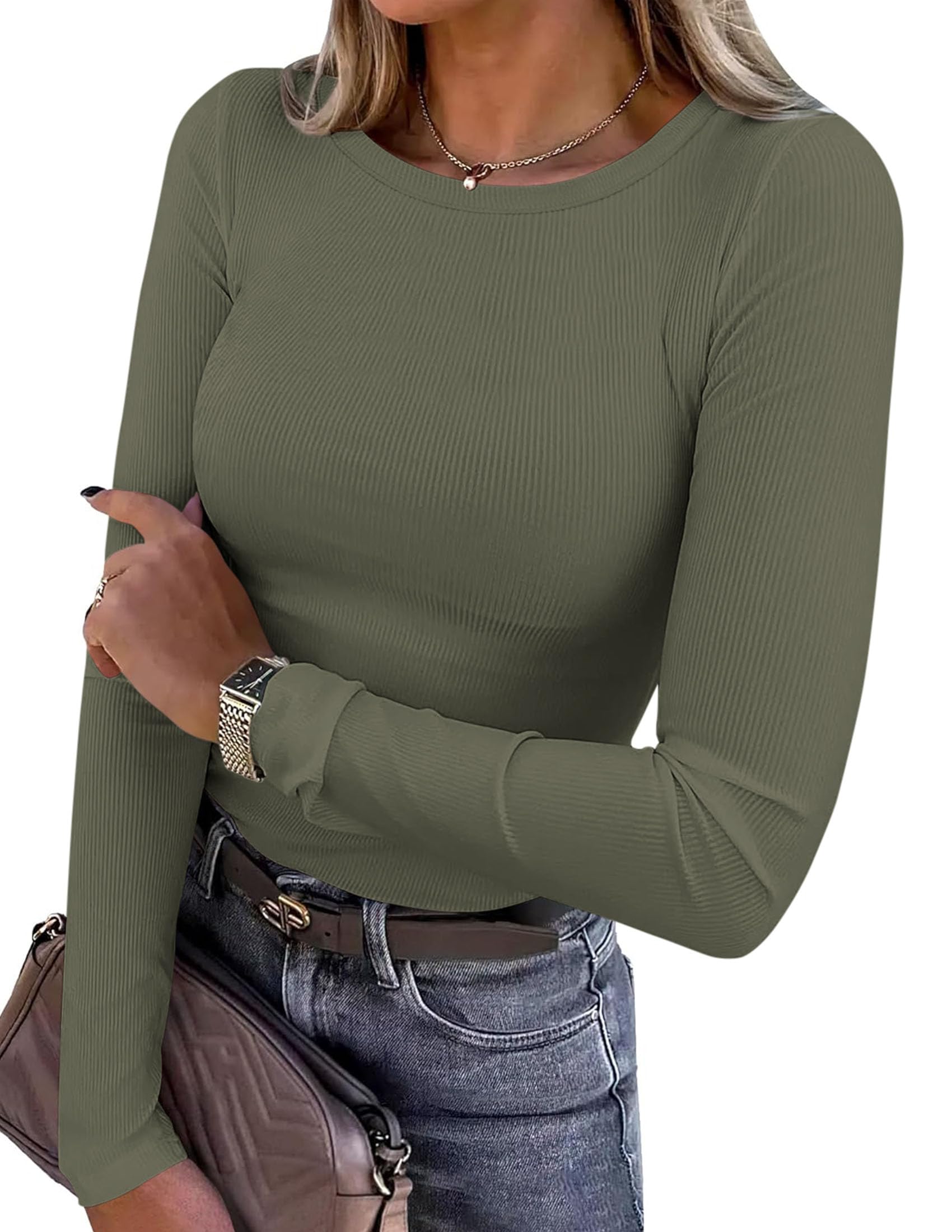 PRETTYGARDEN Women 2025 Fall Clothes Long Sleeve Shirts Ribbed Knit Fitted Basic Tee Going Out Tops Underscrub Casual Outfits