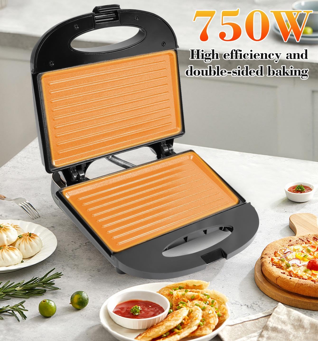 Nirva Appareil à sandwichs double - 750 W, Revêtement antiadhésif, forme classique à deux compartiments pour 2 sandwichs, chauffe rapidement, poignée isolée thermiquement, noir