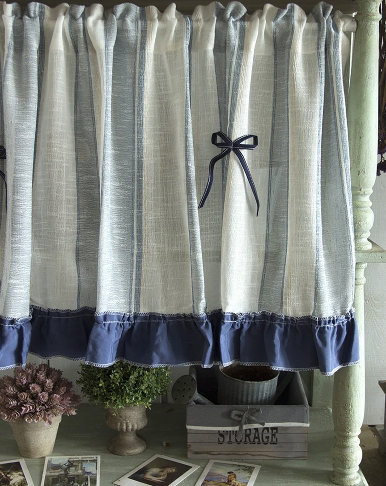 A.Monamour Gardine Scheibengardinen Kurzstores Mittelmeer Baumwoll Leinen Textur Weiß Blau Gestreifter Vorhang mit Schleife Kurzgardinen Küchengardine Küche Fenster Kurz Vorhang Stores Bistrogardine