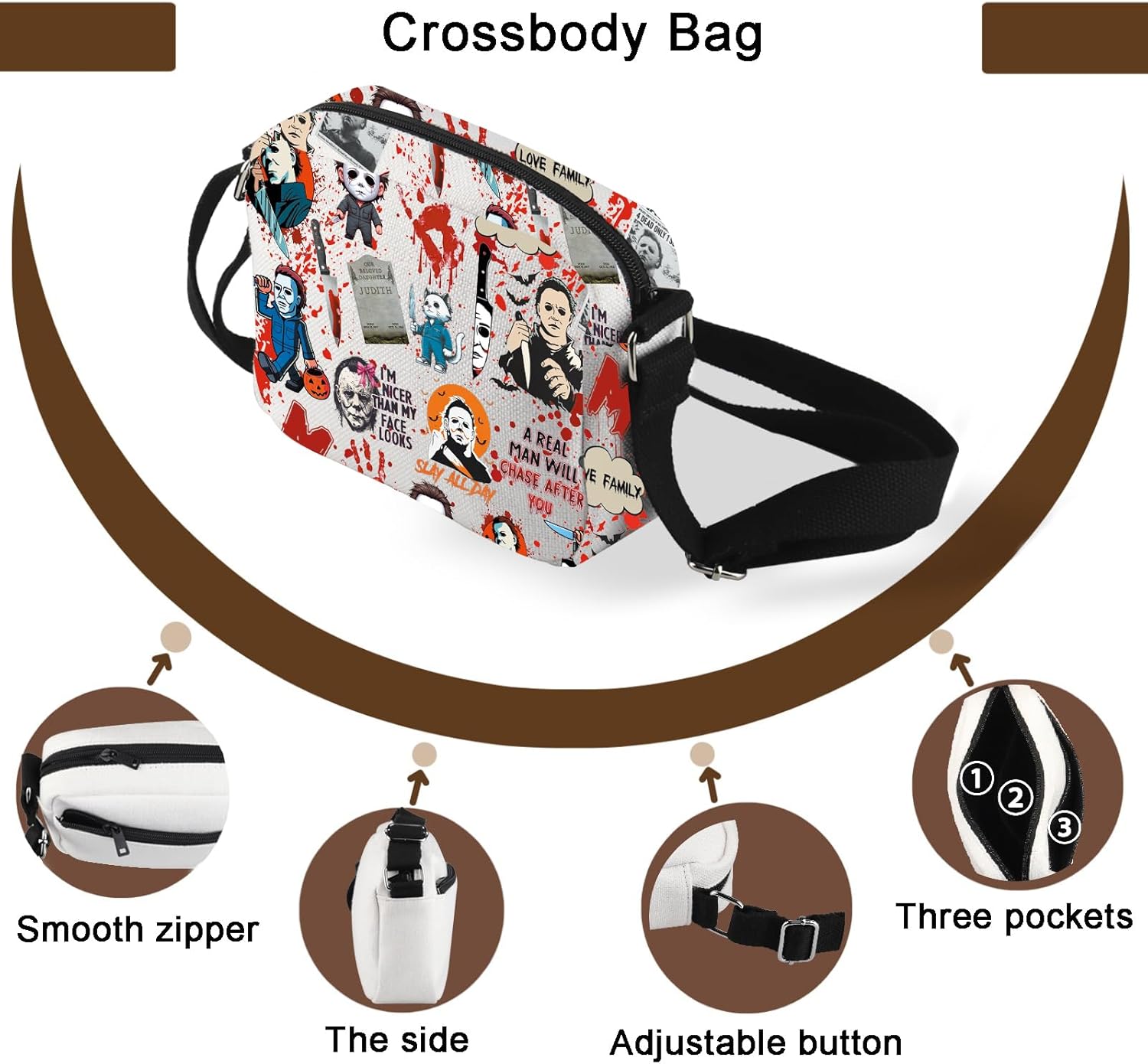 TSOTMO Horror Movie Horror Characters A Real Man Will Chase After You Crossbody Bag Halloween Scary Halloween Movie Gift - Image 5