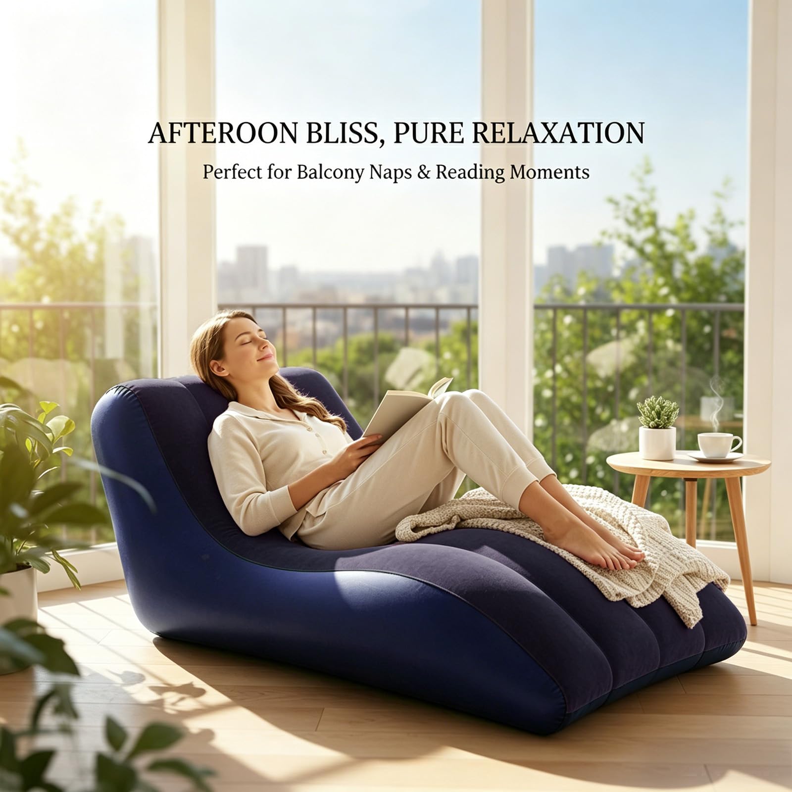 Sofá hinchable, sofá hinchable con bomba de pie, sofá de camping portátil, superficie flocada, sofá impermeable hinchable para exteriores, interior, piscina (azul)