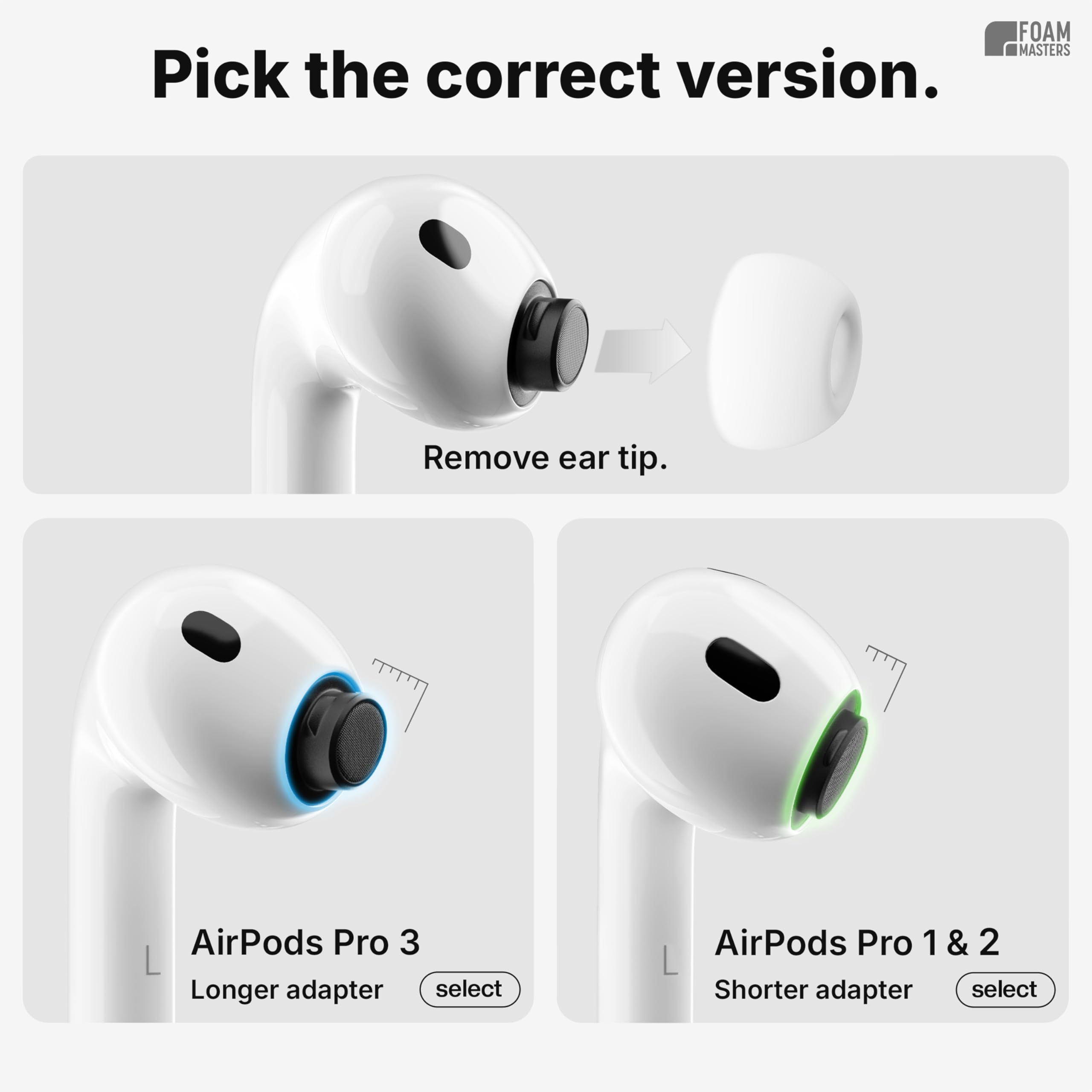 Foam Masters Końcówki douszne z pianki z pamięcią kształtu, Ultra Premium, do AirPods Pro 1. i 2. generacji, 3 pary, ulepszona wersja, bezpieczne dopasowanie, super komfort, lepsza redukcja szumów