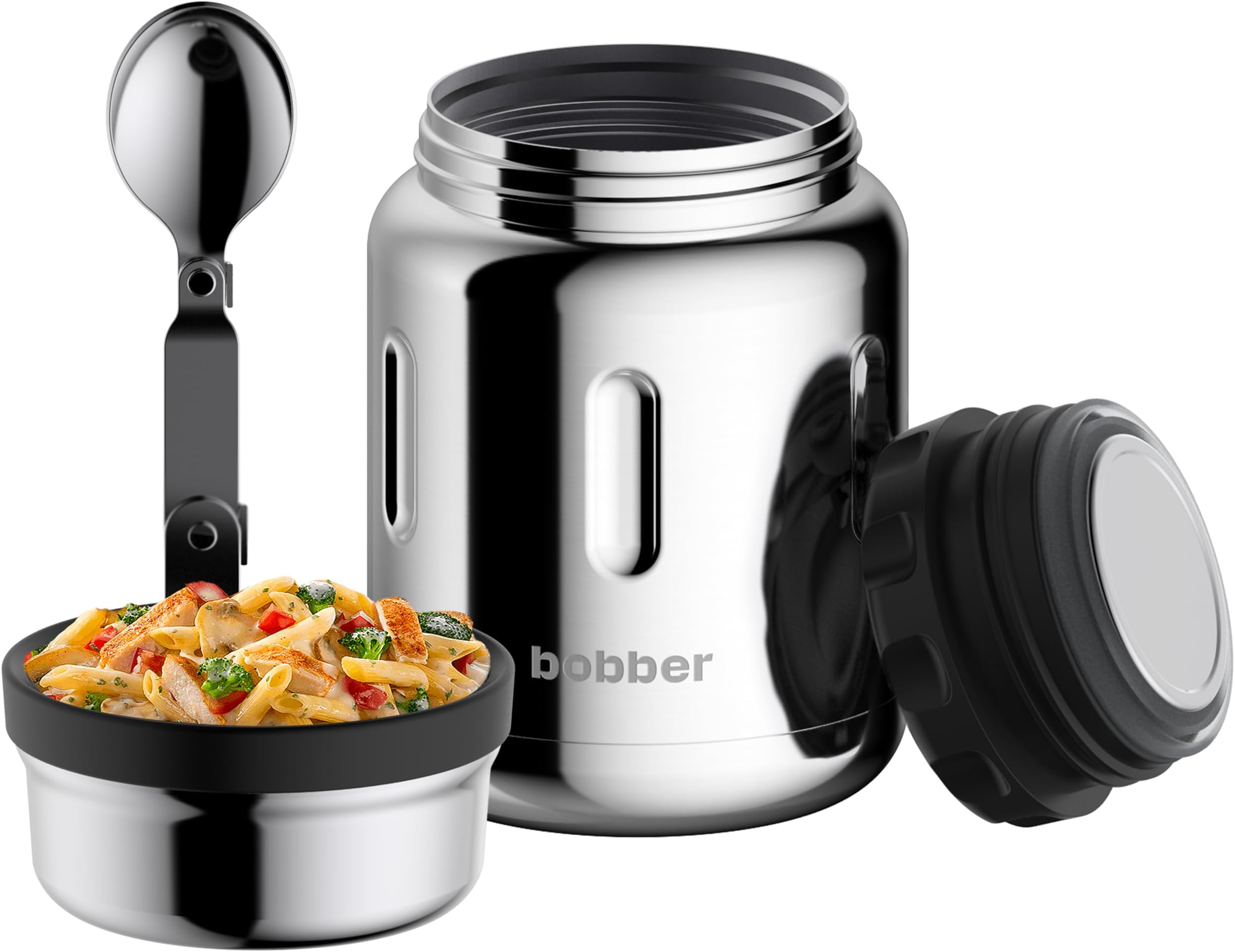 24 Oz Stainless Steel Thermo Food Jar with Folding Spoon and Extra-Wide Mouth – Insulated Soup Thermo for Hot Food, Keeps Hot for 14 Hours and Cold for 20 Hours (Glossy)