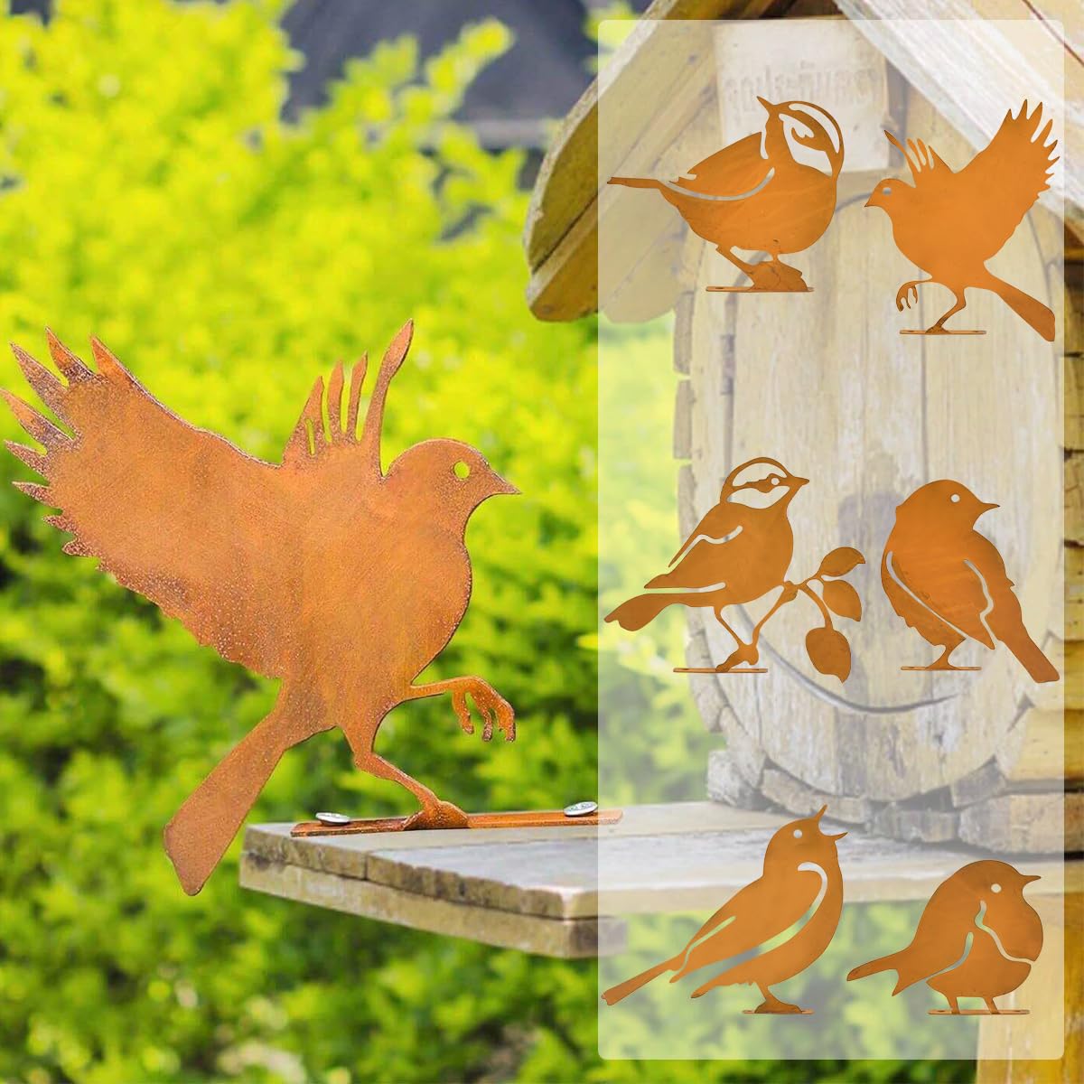 Vurixfo Brown Metal Bird Garden Ornaments, 6 Pcs Rusty Metal Robin Silhouette Sculpture Vintage-Style Bird Garden Ornament Fence Topper Decoration With Screws For Fences Branches Windowsills Outdoor