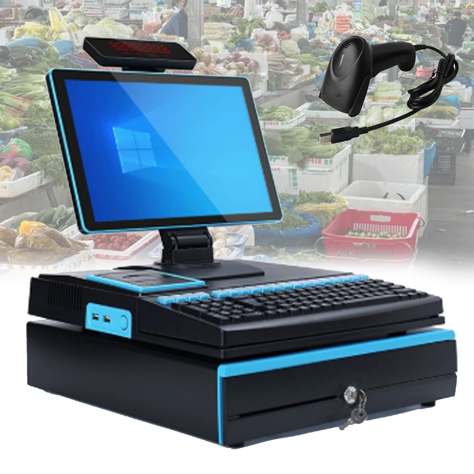 Pvxa Blue All-In-One Pos Cash Register System, All-In-One Cash Register With 15.6" Touch Screen Monitor, Led Touch Screen, 101 Keys Keyboard, Handheld Scanner Singlescreen