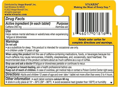 Miniatura 9 de Vivarin, Pastillas de cafeína, 200 mg de cafeína en cada tableta, de forma segura y efectiva te ayuda a mantenerte despierto, ayuda de alerta,